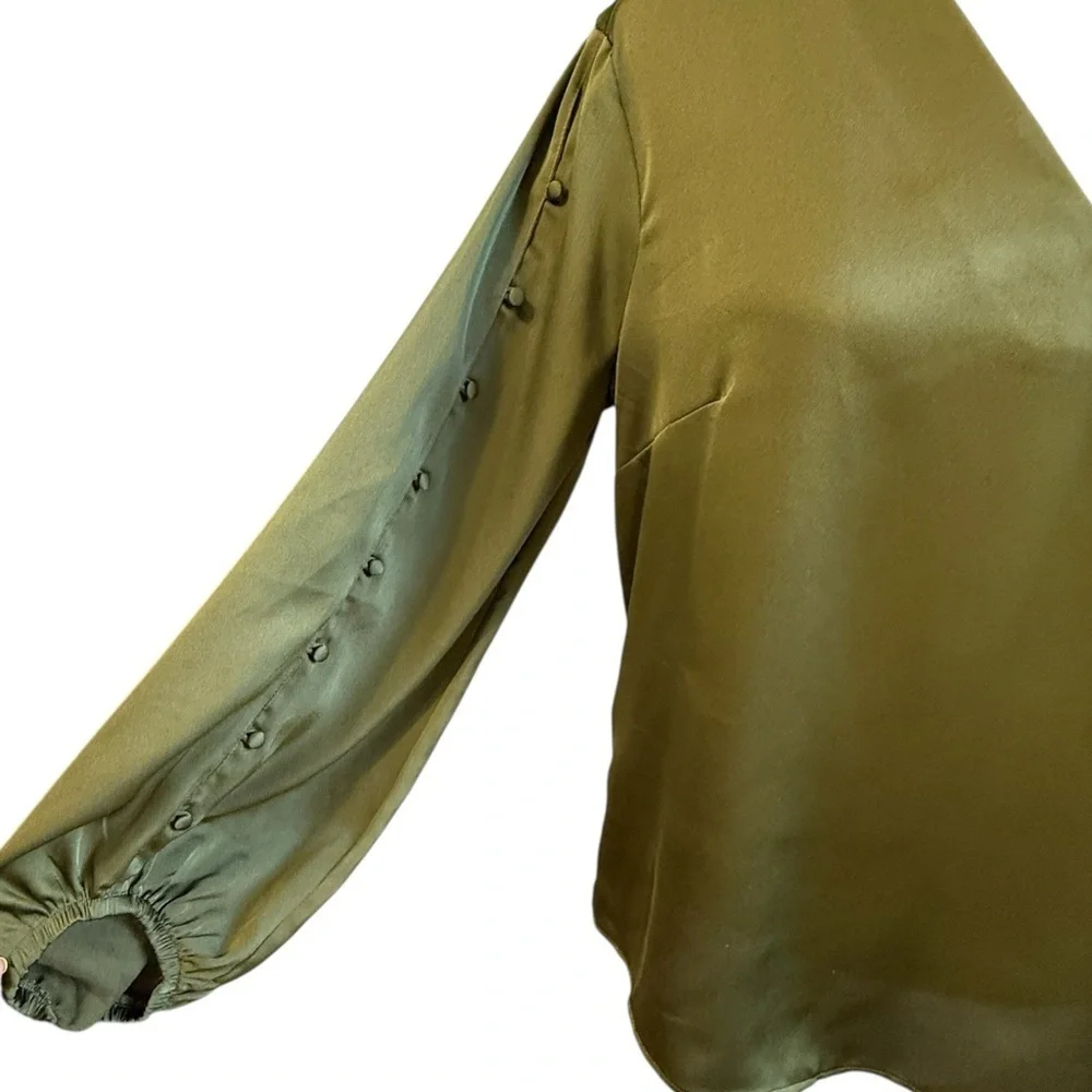 Banana Republic Elegant V-Neck Poet Sleeve Olive Green Satin Top Size M #1849 - Picture 2 of 5